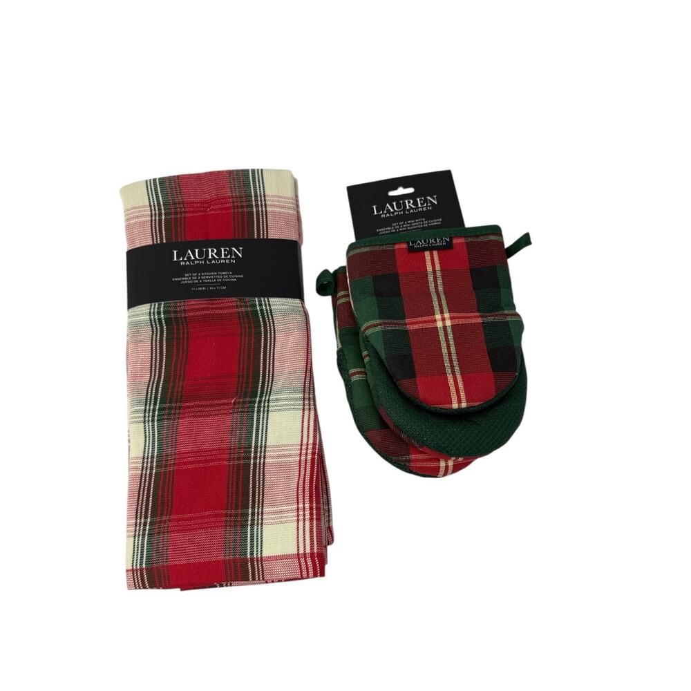 NWT Ralph Lauren Stewart Plaid Kitchen Towels & Mini Mitts Set Christmas Holiday